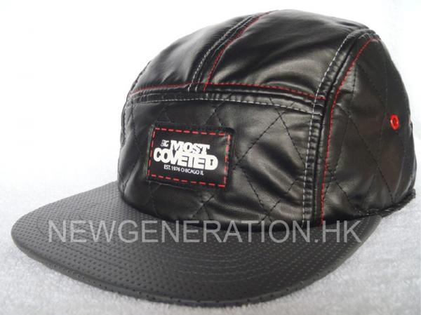 Woven Label Fake Leather Stitching 5 Panels Camp Cap