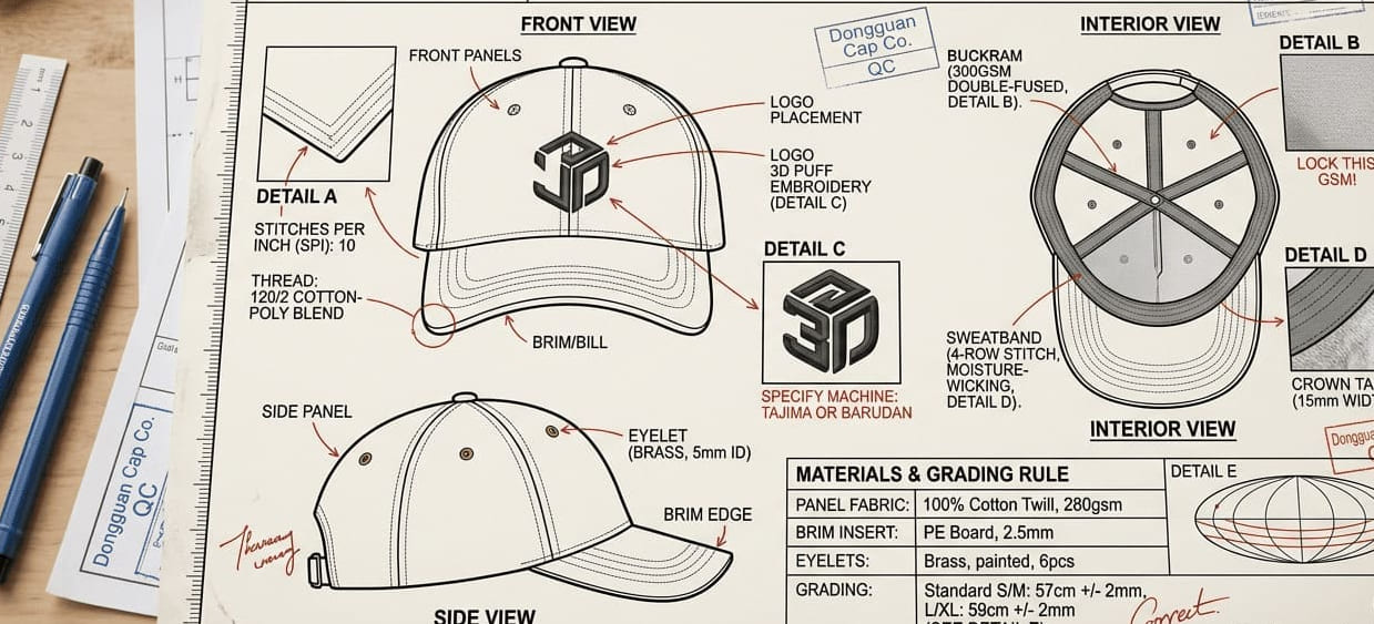 Detailed cap technical specification sheet for Dongguan headwear manufacturers